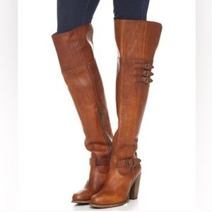 Frye | Women’s Cognac Brown Leather Jenny Over The Knee Side Zip Heel Boots 7.5B